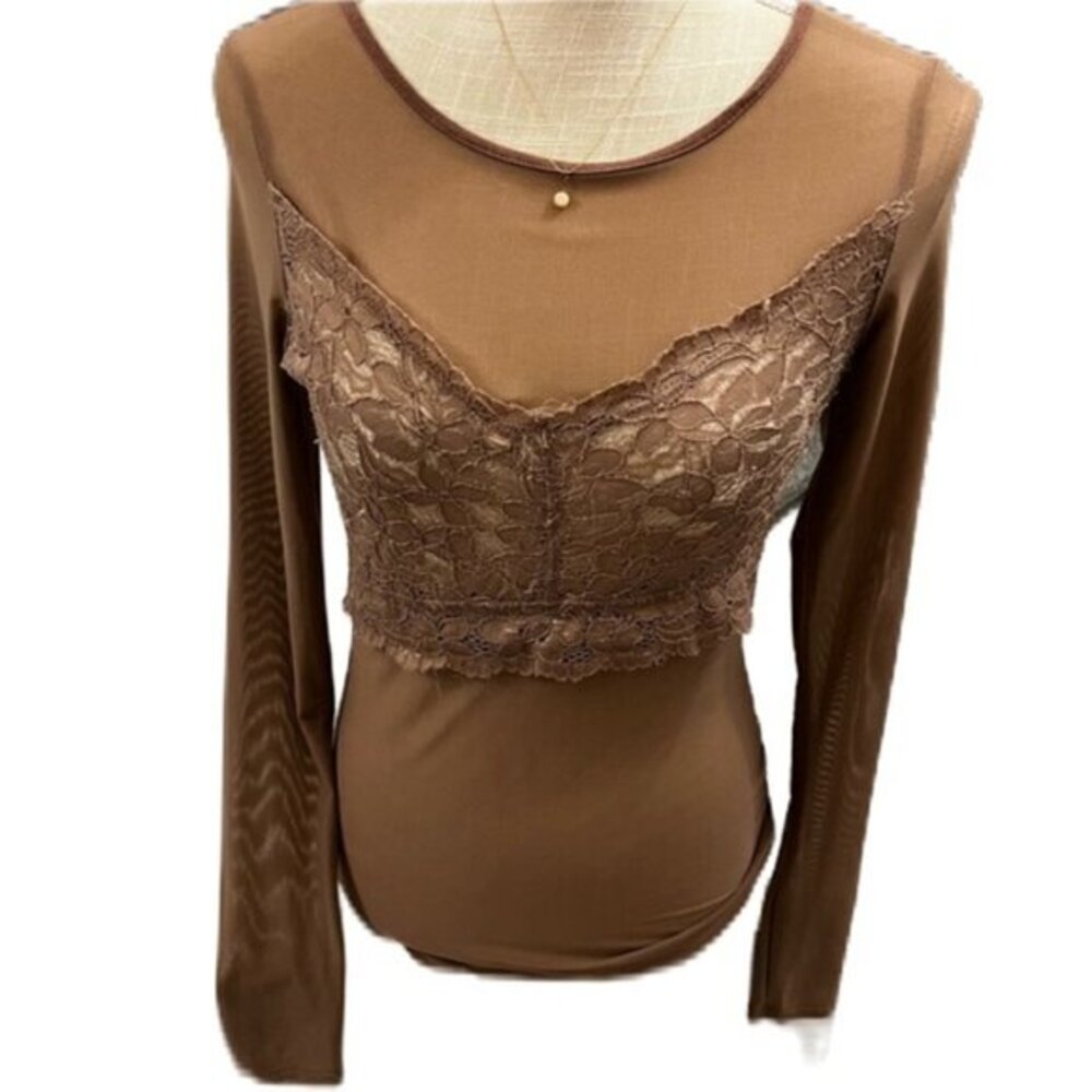 Sheer Brown Lace Long Sleeve Top Large